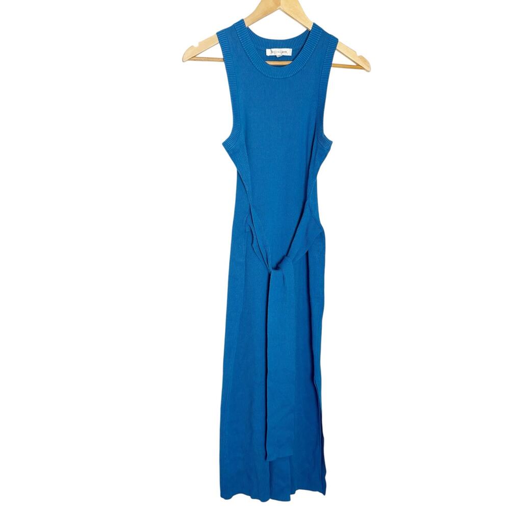 Toccin Solid Blue Ribbed Knit Tie Waist Sleeveless Midi Dress Size Medium